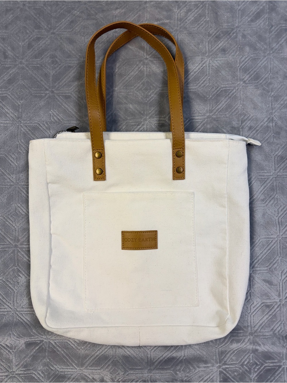 Cozy Earth Cream Canvas Tote with Tan Handles